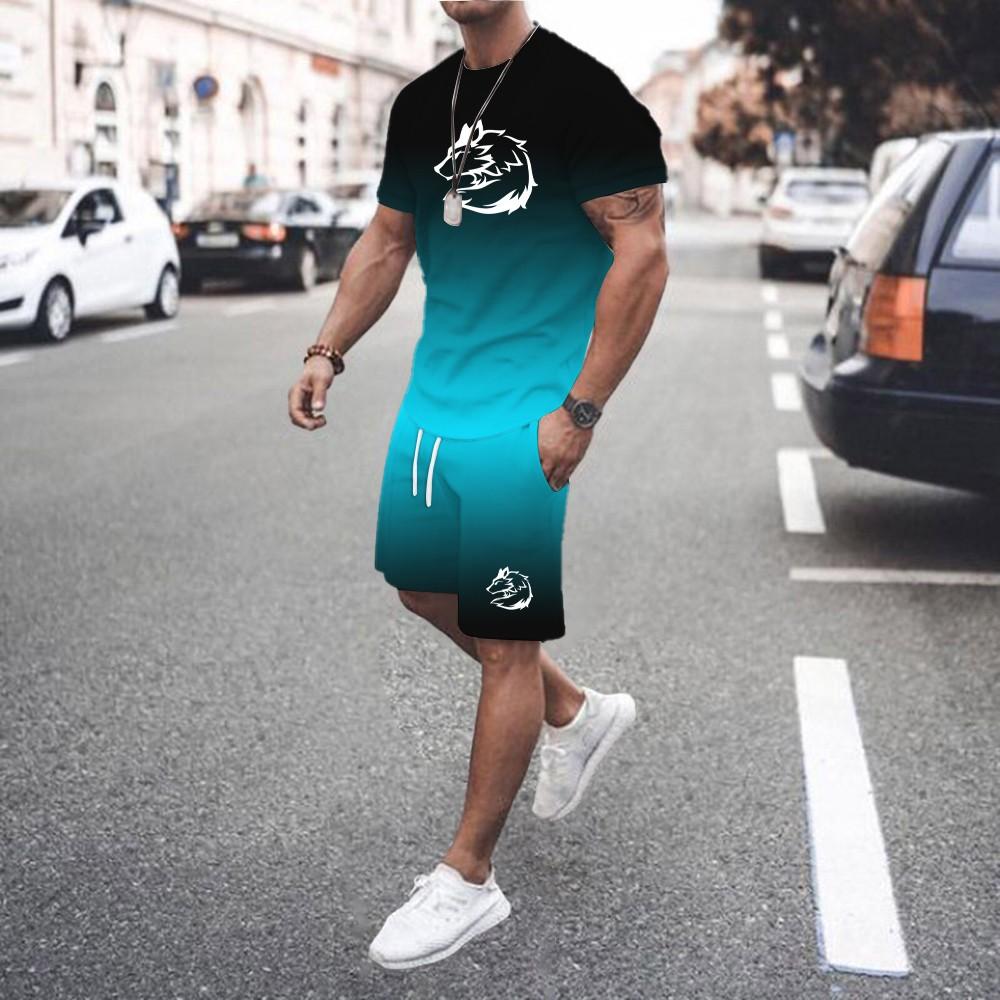 Summer Personalized New 3D Men's Gradient Two-piece Set Wolf Print Fashion Trend Pattern Street Handsome Men's Casual Suit
