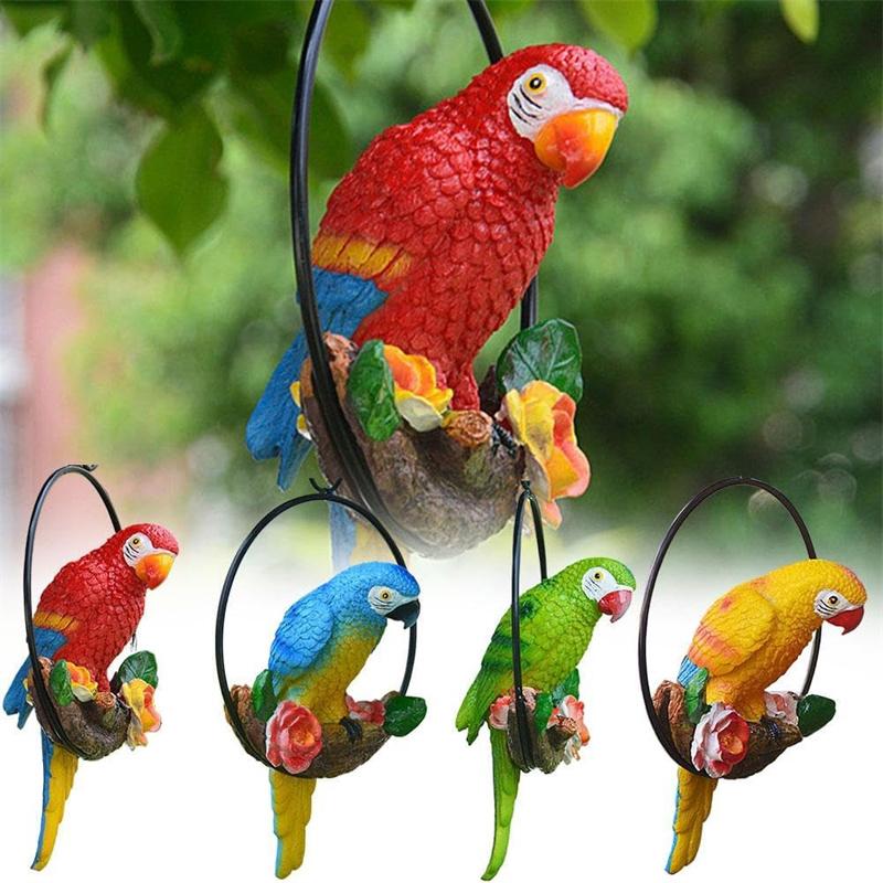 Creative Resin Parrot Hang On Tree Outdoor Garden Decoration Statue Animal Sculpture For Home Office Room Garden Decor Ornament