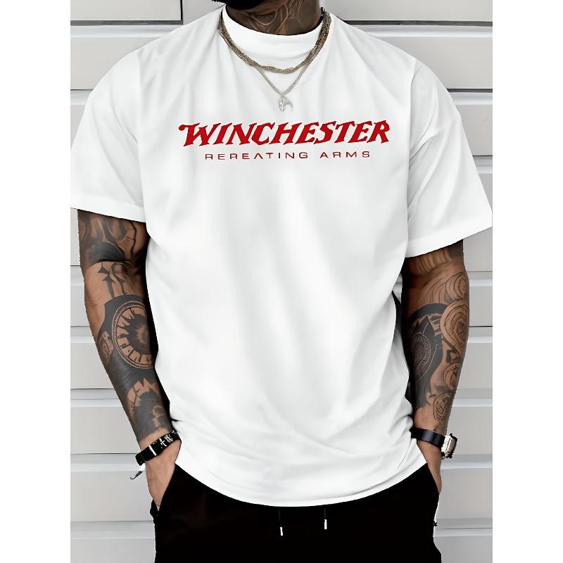 European sizes Mens Casual Fashion Short Sleeve T Shirt with Winchester Repeating Print Lightweight Regular Fit Round Neck Stretchy Summer Tee