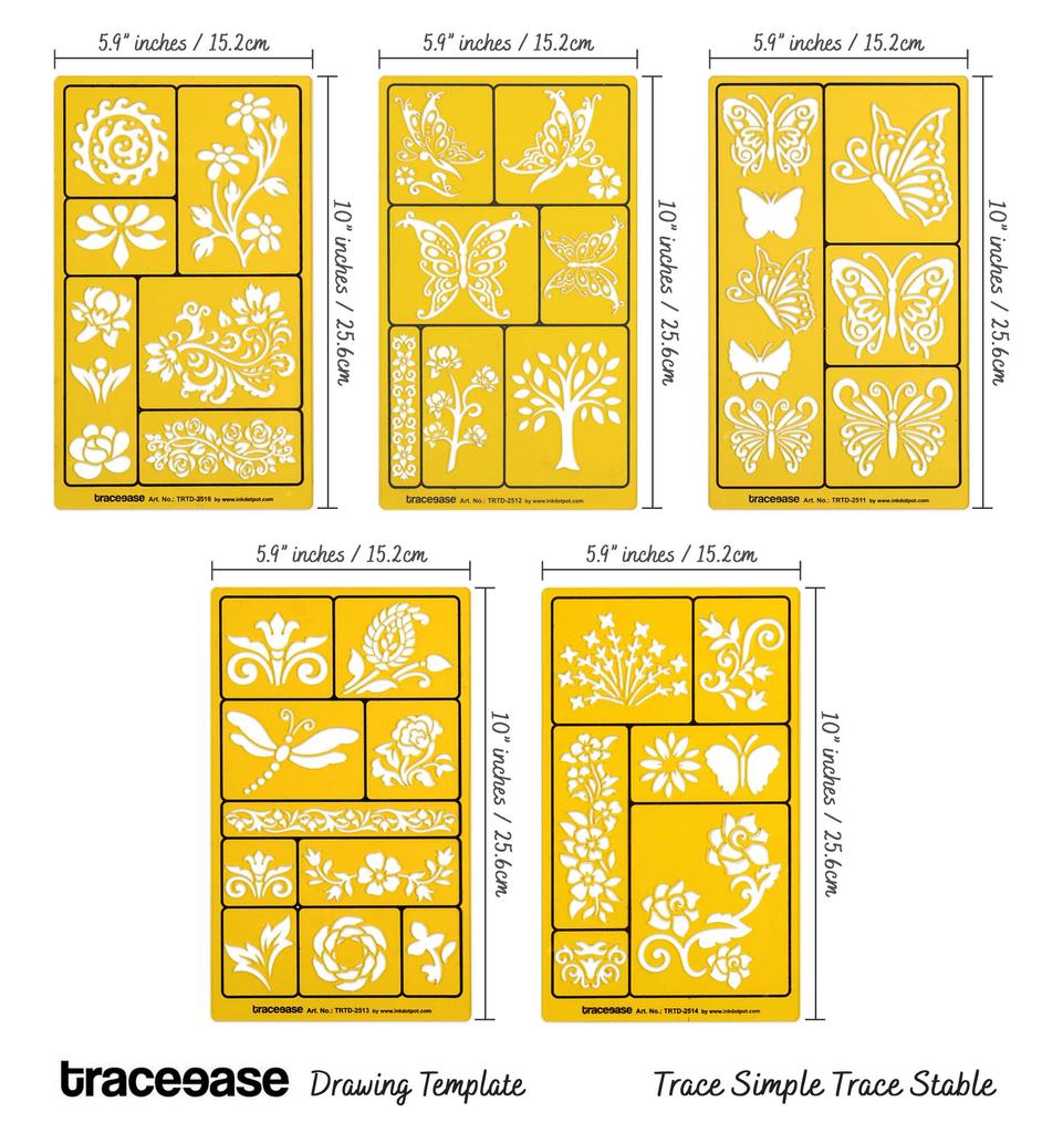 Traceease 5 Pieces Butterfly & Floral Pattern Drawing Templates For Scrapbooking Designing Craft DIY Art