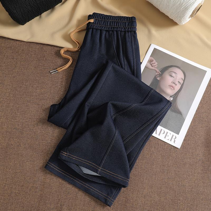 

DIMANAF 2025 Осень Зима Женские Брюки Большого Размера Леди Длинные Брюки Оверсайз Свободные Повседневные Джинсы Низ Толстый Трикотаж M темно-синий