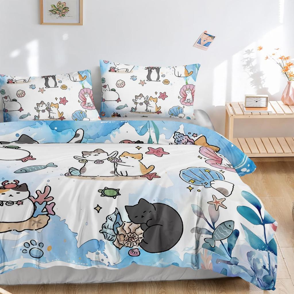 Cartoon Cat Duvet Cover Set Full Size Cute Cat Bedding Sets For Kids Girls Blue Watercolor Cat Comforter Covers Set All Season