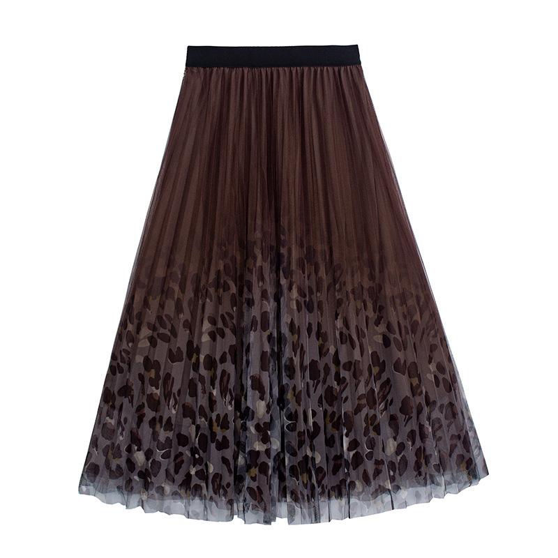 Women Spring Fall High Waist All Match Gradient Color Peacock Printed Mesh A Line Skirt