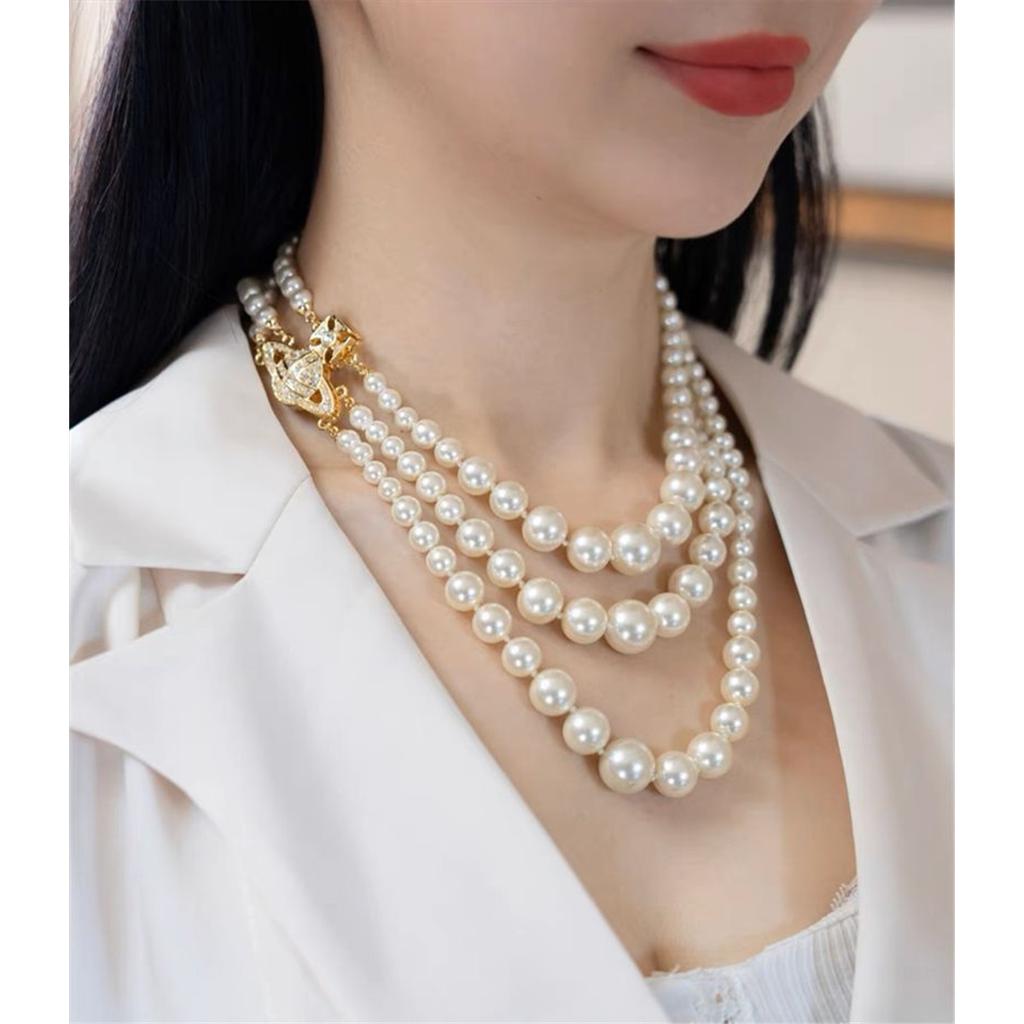 Tooxika Triple Gradient Pearl Magnetic Clasp Saturn Necklace Luxury Collar Chain For Women
