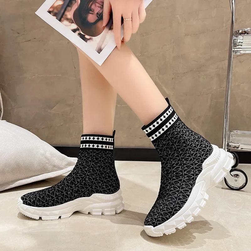 Women's Autumn Stretchy Knitted Ankle Boots Sock Style Slip On Retro Flat Sport Short Boots Female Shoes Botas De Mujer 2024