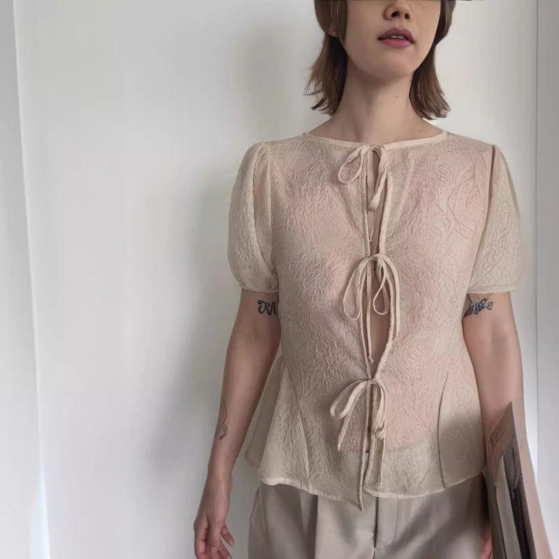 

European and American Women s Clothing Summer Cool New Arrival Elegant Elegance round Neck Jacquard Puff Sleeves Bandage Casual Shirt Tops Apricot color L