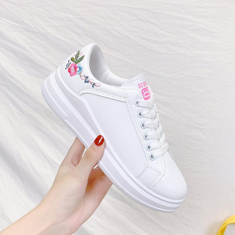 Frau schuhe frühling Weiß bequeme Turnschuhe Atmungs Wohnungen Lace-up Blume frau Casual Schuhe