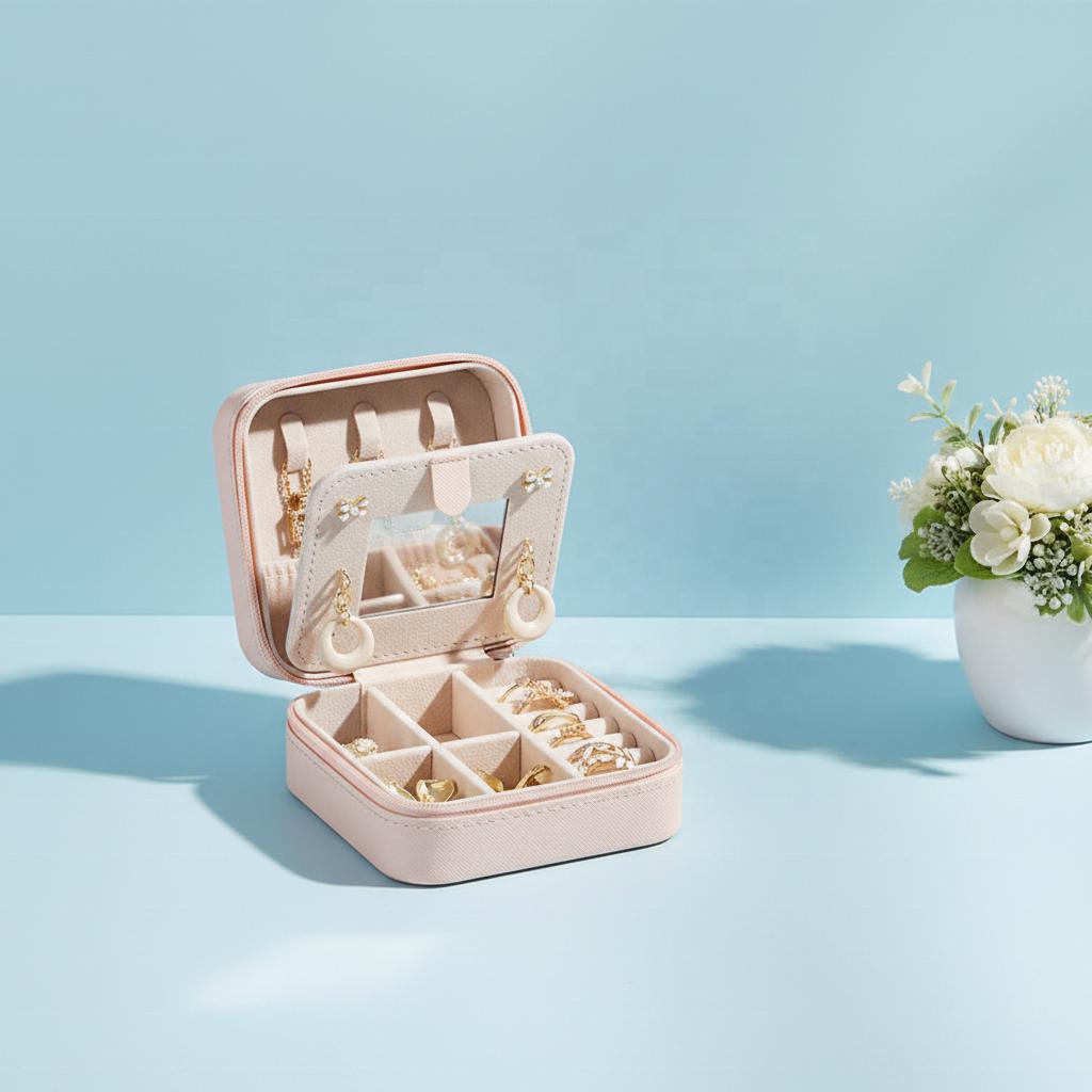 Portable Square Jewelry Box with Mirror European-American Style Travel Storage for Necklace Stud Earrings Ring-Cross-Border