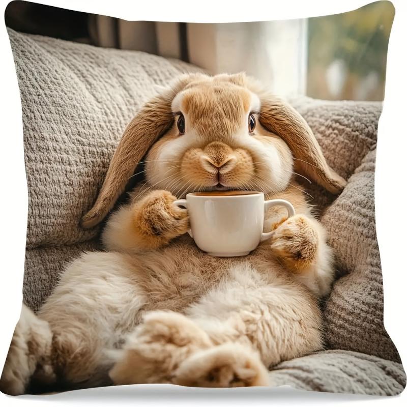 Vikama Cute Rabbit & Cup Print Cushion Cover Soft Decorative Throw Pillowcase For Home Sofa Bedroom Office - Polyester