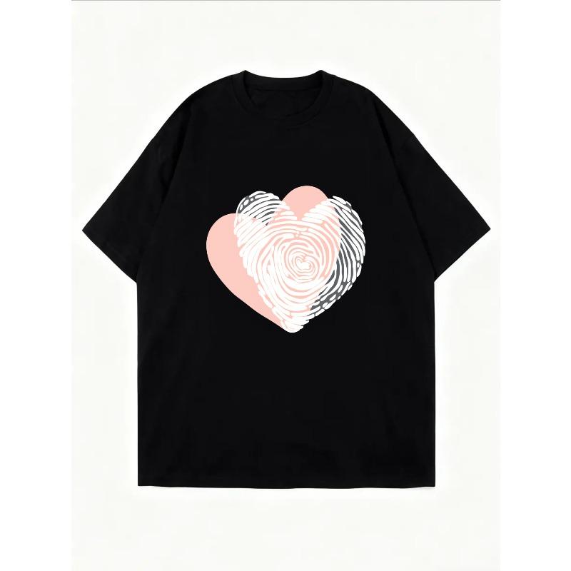 Crew Neck T Shirt White Heart Fingerprint Print Casual Wear For Women