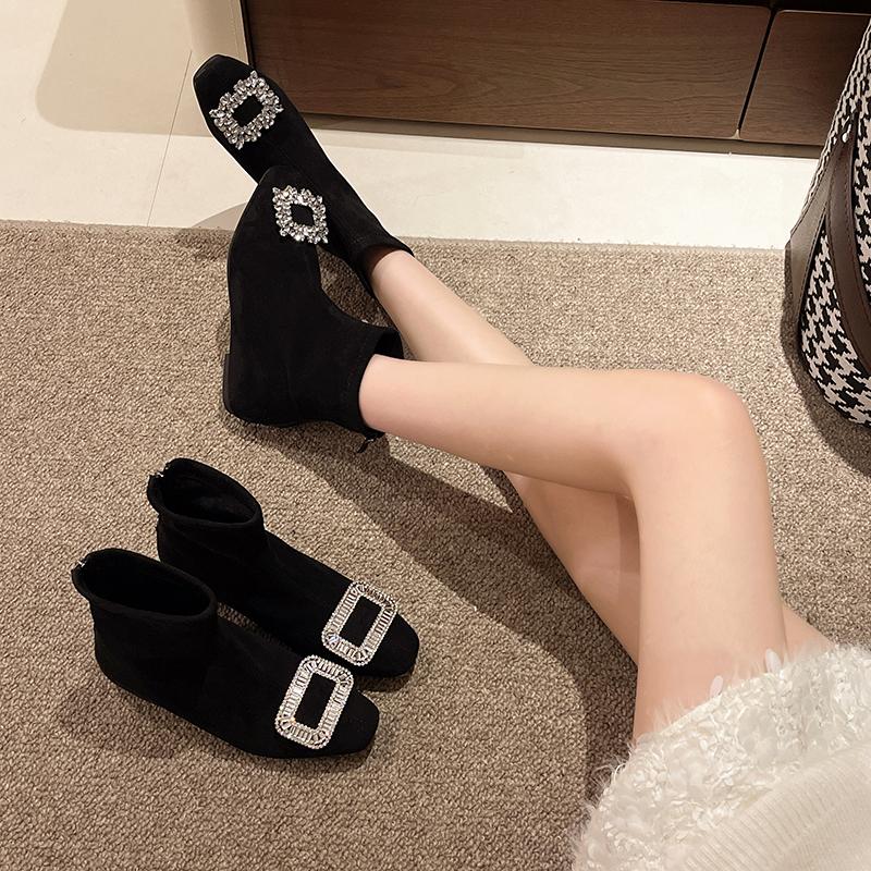 Fashion New Autumn Style Round Toe Suede Rhinestone Square Buckle Soft Sole Non-slip Wear-resistant Cotton Boots