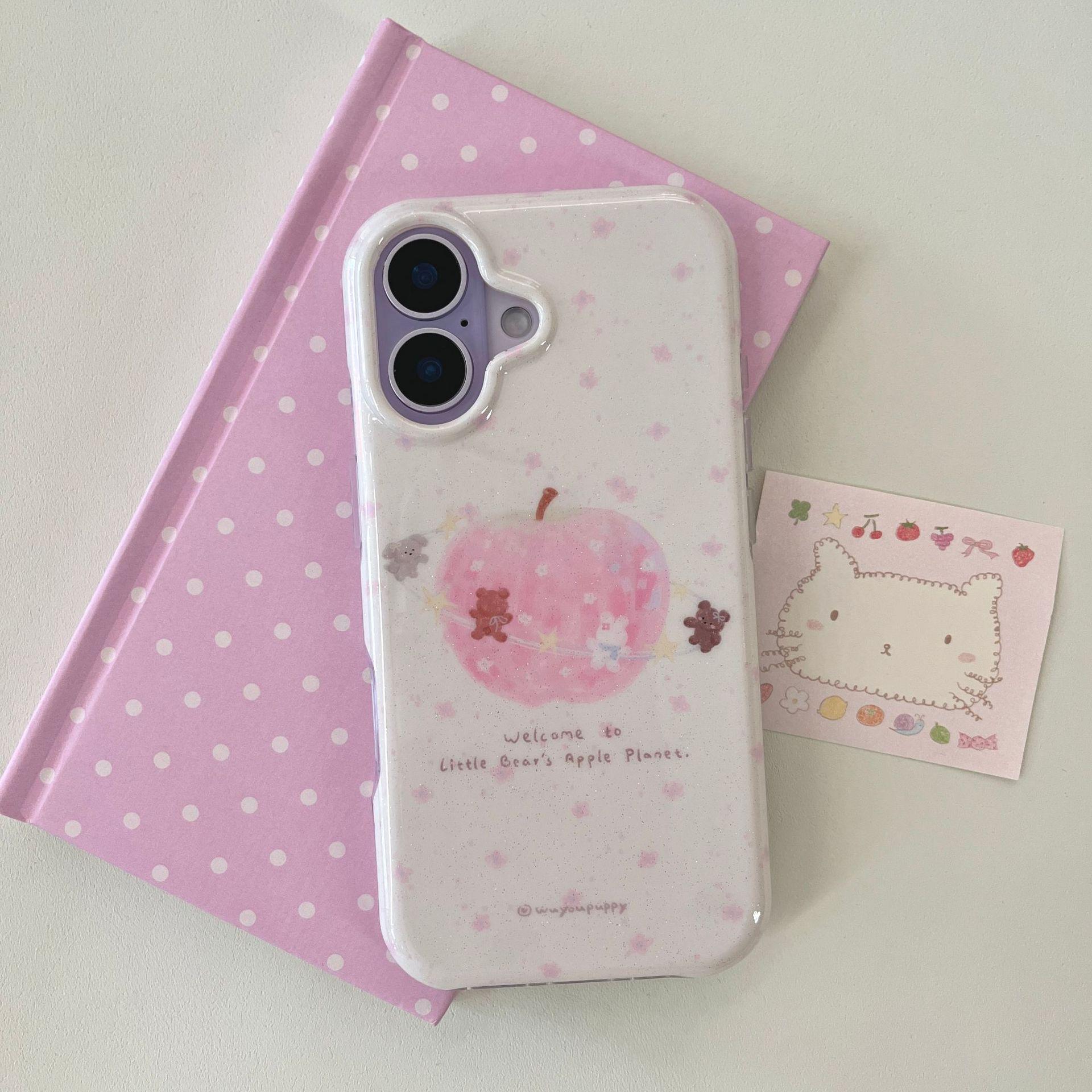 

Korean-Style Pink Apple Bear Phone Case for iPhone 16/17 Pro Max with Chain iPhone 16