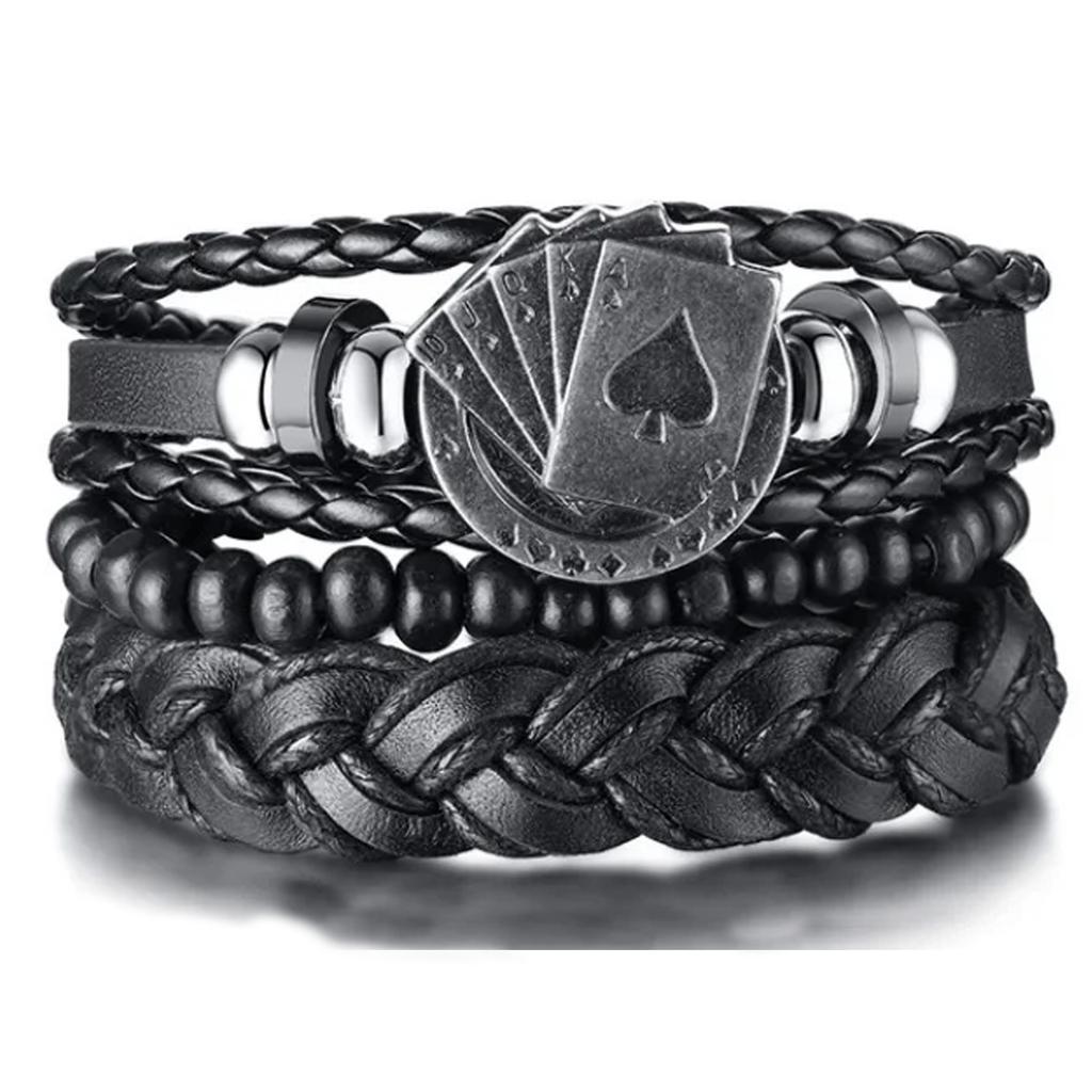 4Pcs/ Set Braided Wrap Leather Bracelets for Men Vintage Life Tree Rudder Charm Wood Beads Ethnic Rope Bracelet