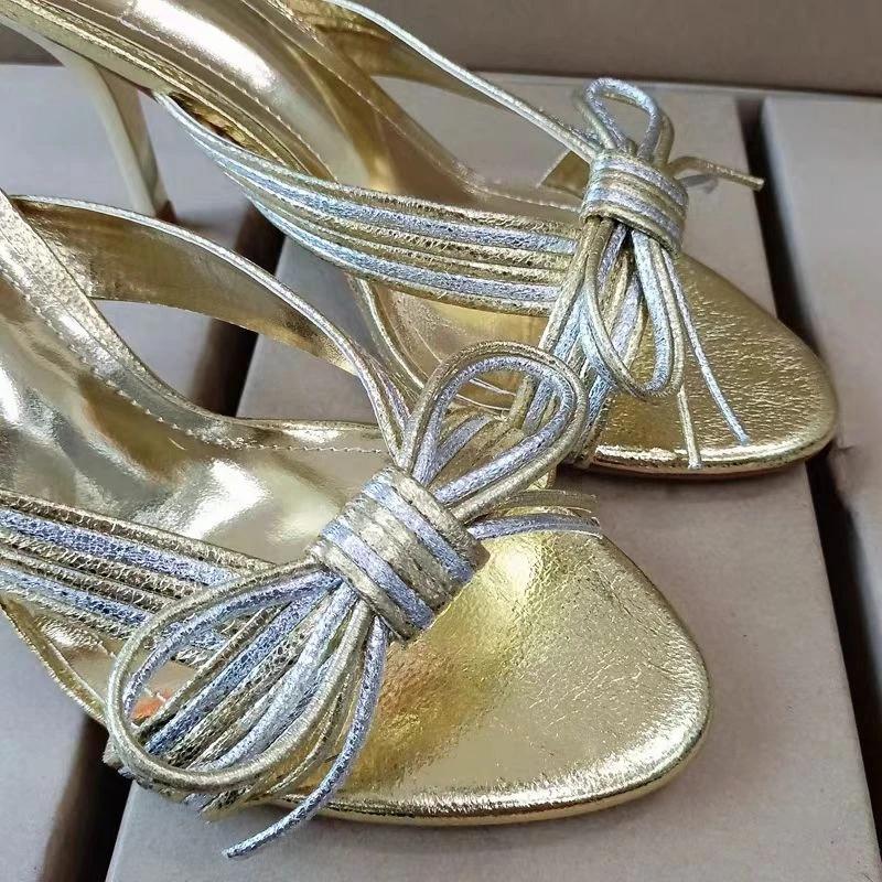 Fashion Sexy Gold Bow Decoration High Heel Slipper Women Elegant Pointed Toe Thin Heel Slide Sandal Fashion Banquet Designer Dress Shoes
