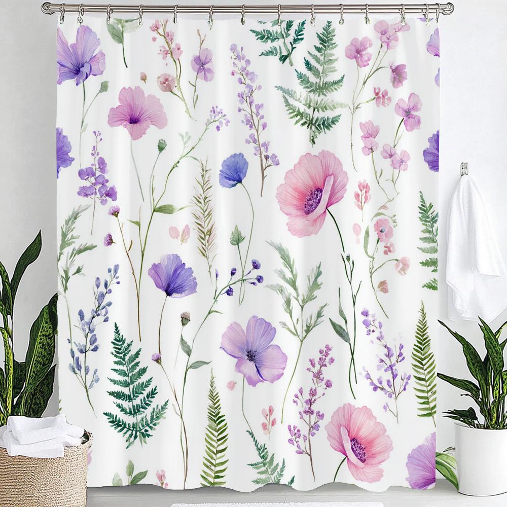 Watercolor Flowers Printed Shower Curtain Bathroom Curtain,Hanging Curtain With 12 Hooks Decoration Machine Washable