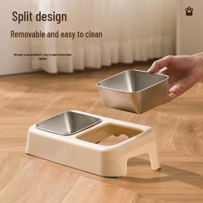 Slanted Double Cat Bowl - Anti-tip, Stainless Steel, Detachable, Washable, Anti-black Chin Cat Food and Water Bowl.