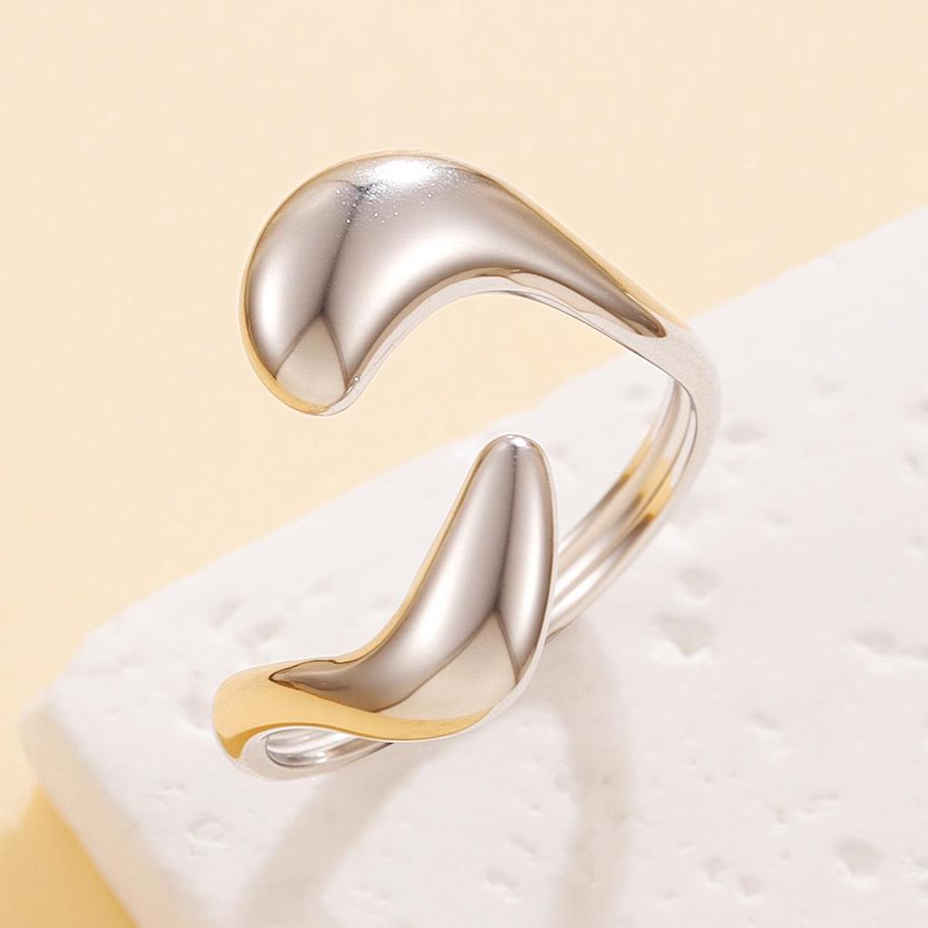 Glossy Geometric Water Drop Open Ring - European & American Chic Style Stainless Steel Women's Ring