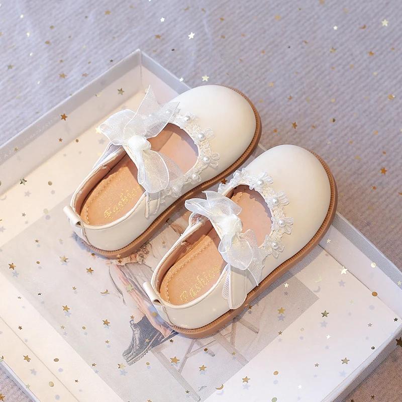 Baby Girls Flat Mary Janes for Wedding Party Princess Kids Leather Shoes Lace Bowtie with Beading 2025 Spring Children Flats New