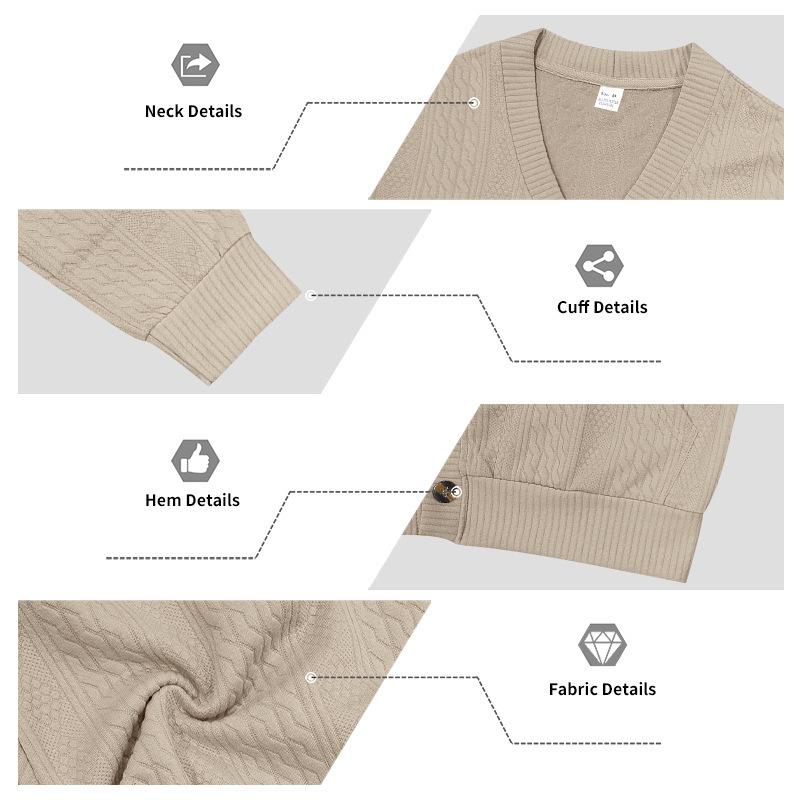 Herren Zopfmuster V-Ausschnitt Cardigan Pullover, Knopfleiste vorne, Zwei aufgesetzte Taschen, Gerippte Bündchen & Saum, Weicher Strick Lässiges Layering Top