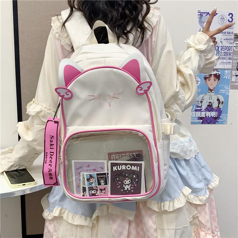 Cute Hit Color Cat Embroidery Ita Mochila High Capacity Mochilas Student Backpack School Bag Transparent Bags for Woman