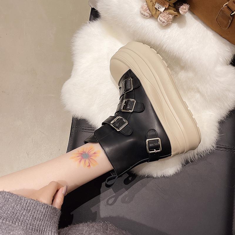 Fashion Platform Booties Autumn New Round Toe Metal Buckle Colorblock Side Zipper Anti-Slip Wear-Resistant Single Shoes