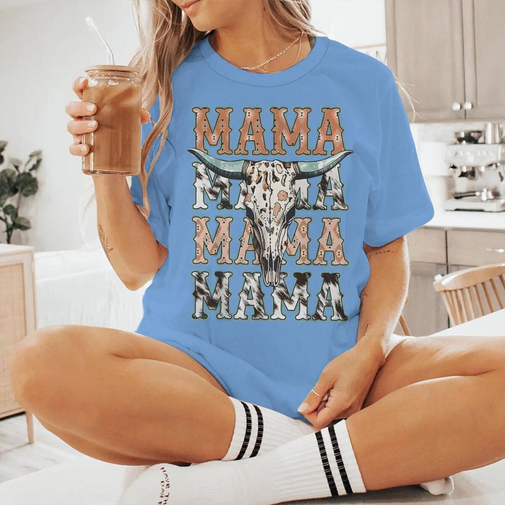 Cowboy Style Mama Print Women T Shirts Fashion Short Sleeve Crewneck Mommy Streetwear Vintage Mothers Day Tshirts Gifts