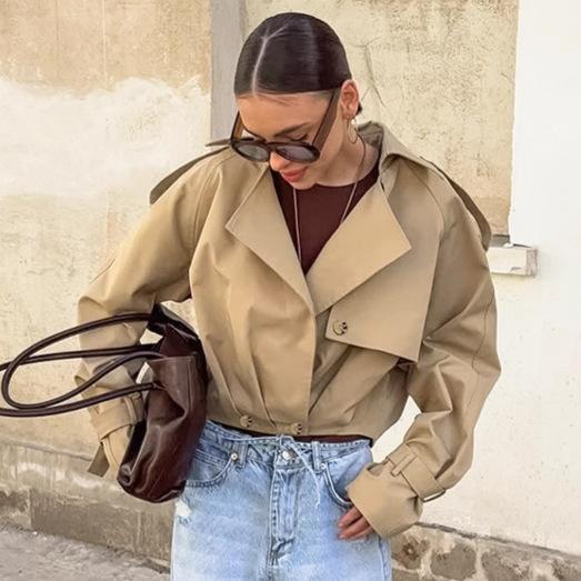 Women's Khaki Short Trench Coat Regular Fit Lightweight Jacket