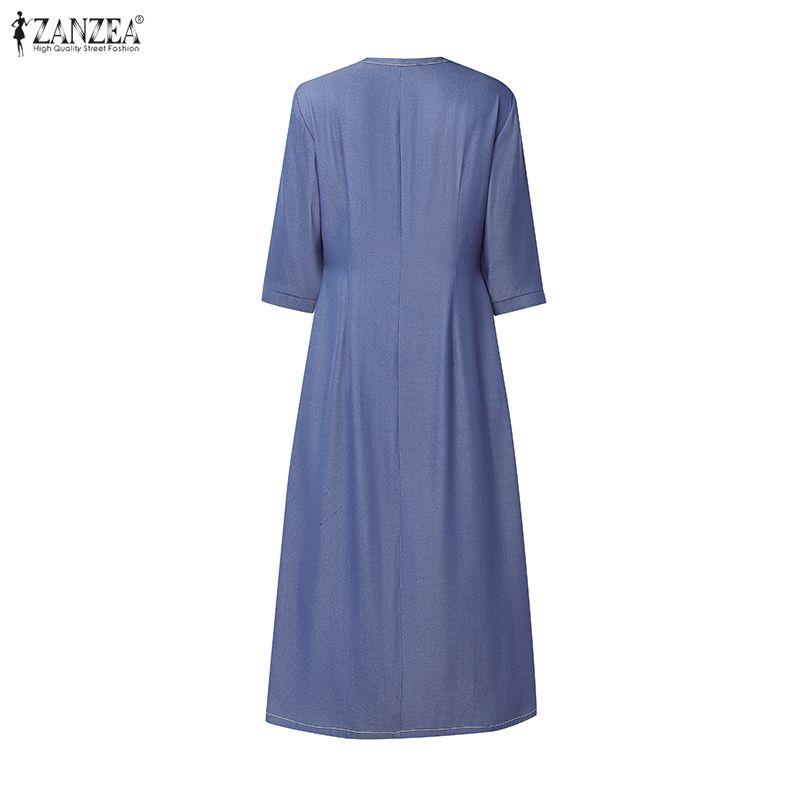 ZANZEA Women Casual Round Neck 3/4 Sleeve Loose Dress