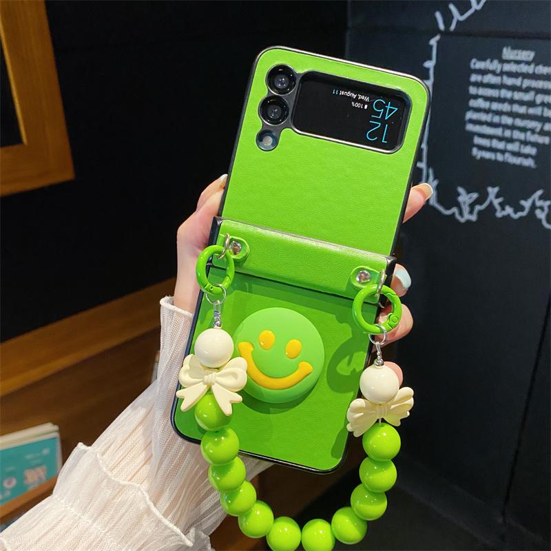 Cute 3d Face Beads Bracelet Hinge Protector Full Protection Phone Cover For Samsung Galaxy Z Flip 4 3 Case Crossbody Lanyard