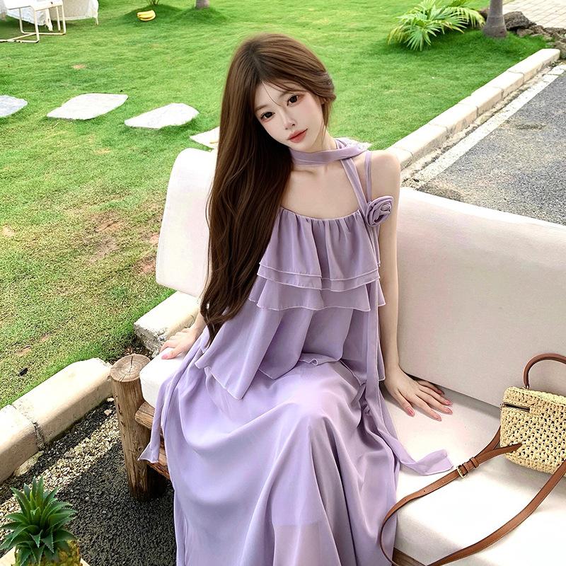 French purple suspender long dress female summer loose and thin lazy style big skirt elegant dress knee fairy skirt
