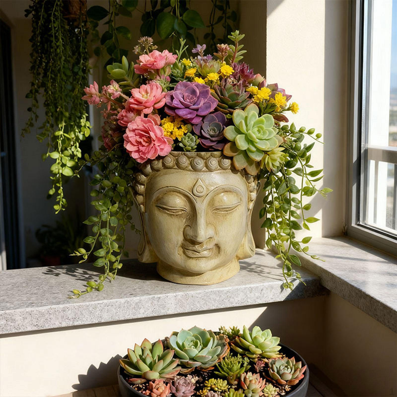 

Buddha Head Flower Pot Chinese Figurine Gift Decors Statue Planters Plant Traditional for Garden бежевый