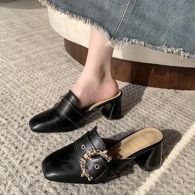 One Line Slippers for Women In New Summer Leather Medium Heel Thick Heel Soft Sole Anti Slip Luxury Design, Women's
