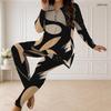 Women Plus Size Half Zip V Neck Long Sleeve Blue Green Printed Two Piece Set Long Top And Fitted Pants