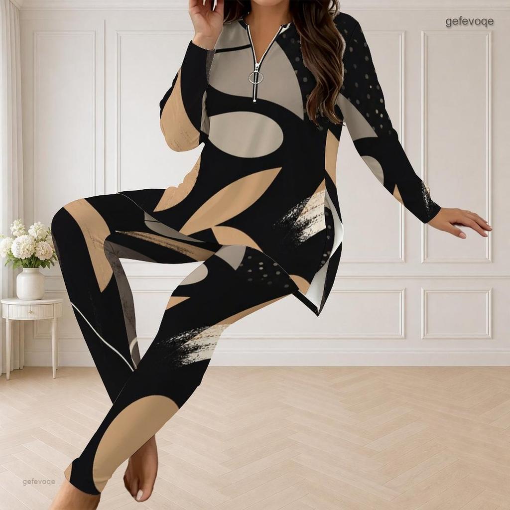Women Plus Size Half Zip V Neck Long Sleeve Blue Green Printed Two Piece Set Long Top And Fitted Pants