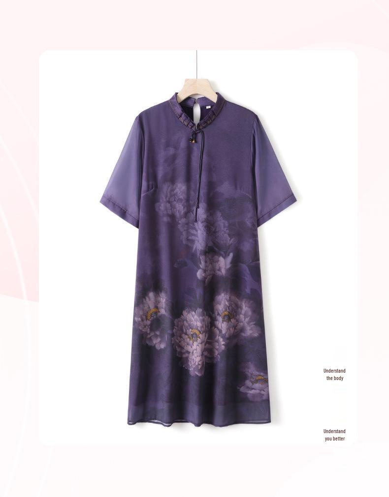 Mom's Stylish 2026 Summer Chinese Qipao Dress: Modern Short-Sleeved Chiffon for Middle-Aged & Elderly Women