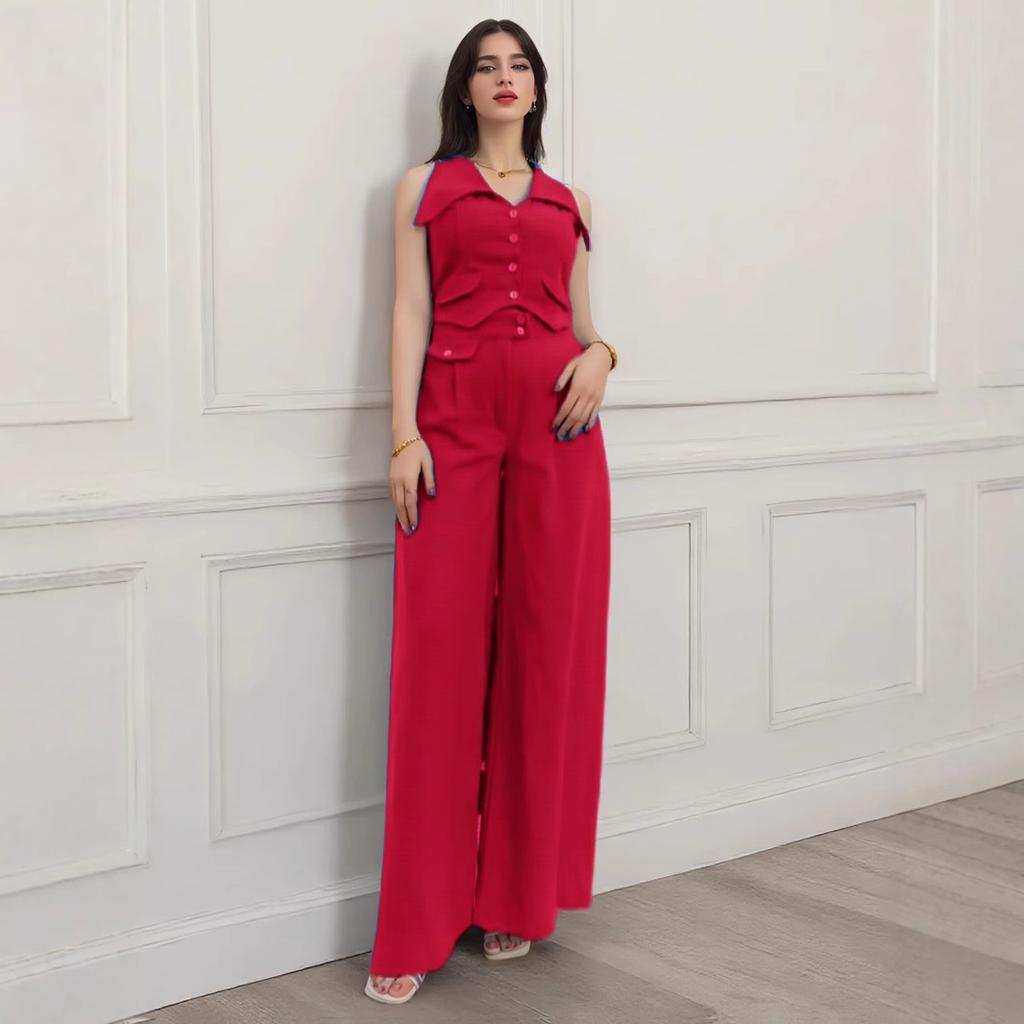 2025 spring and summer new women's solid color blouse sleeveless waist two-piece casual trousers suit