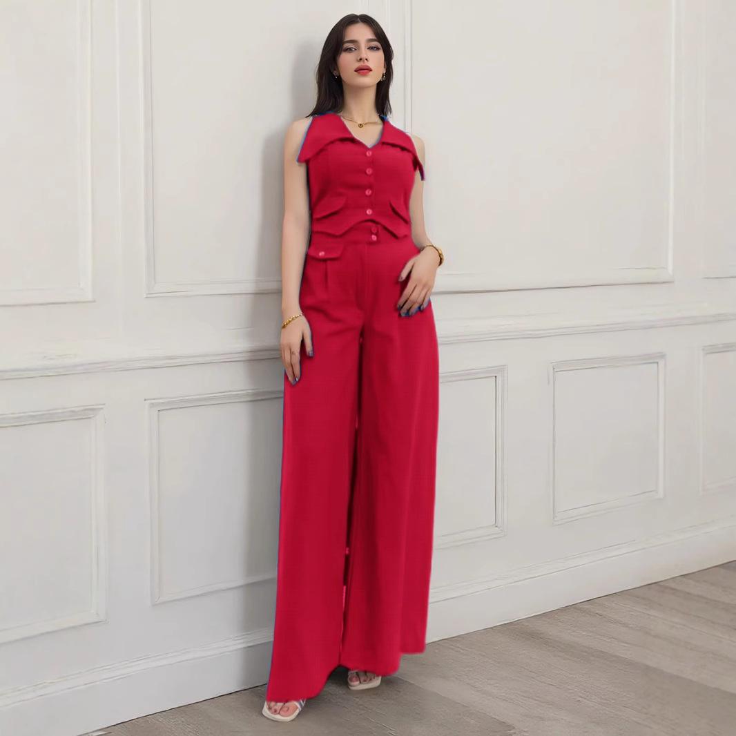 

Весна и лето 2025 года новая женская однотонная блузка без рукавов с завышенной талией, повседневный брючный костюм-двойка XL красный