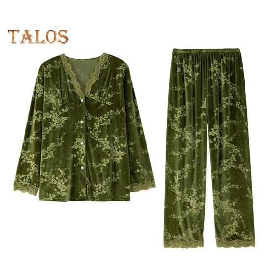 2 шт./комплект осень-зима женская пижама костюм кружевная отделка V-образный вырез принт — фото 12