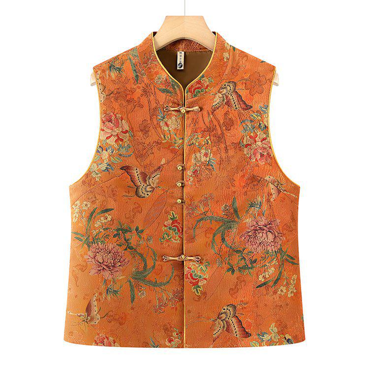 

Women s Retro Print Sleeveless Mandarin Collar Vest - Spring/Autumn Fashion 5XL (suggested weight: 150-165 jin) оранжевый