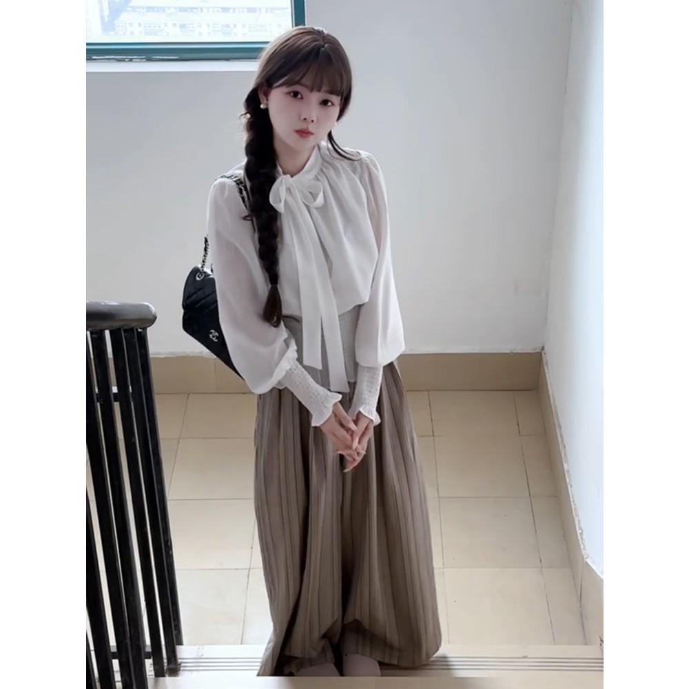 

Korean Fashion Lace-up Bowknot Shirt & Wide Leg Pants Set for Women - Slim Fit Spring/Summer. XL