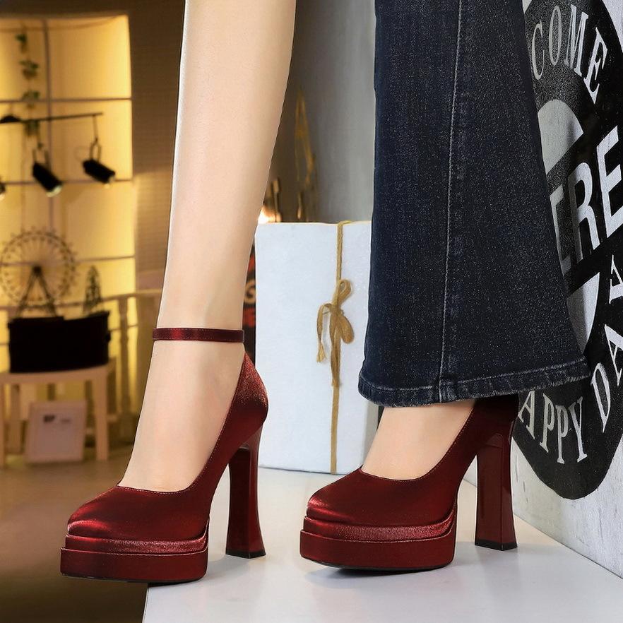 Wind round head satin word with high heels, light mouth waterproof table thick heel women's shoes, super high heel single shoes women