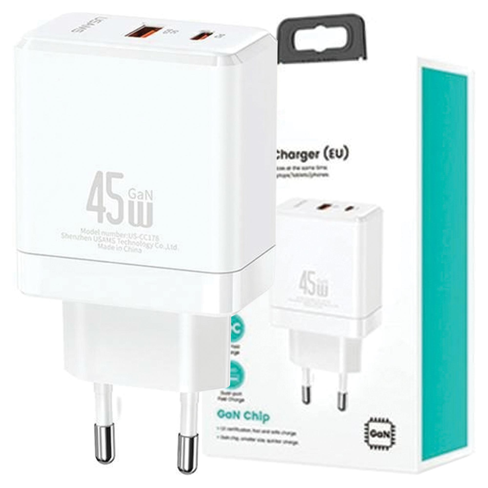Usams Ład. Siec. 1Xusb-C+1Xusb 45W(Only Head) Gan Pd3.0 +Qc3.0 Fast Charging Biały/White Cc178Tc02 (Us-Cc178)
