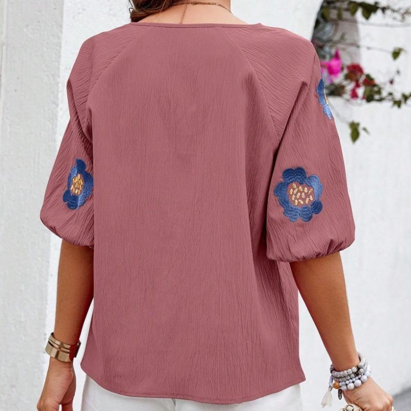 Summer New Vintage Loose Puff Sleeve Elegant Shirts for Women Fashion Embroidery V-neck Solid Casual Women's Blouses Slim Fit Lace-up Lady Tops 26650