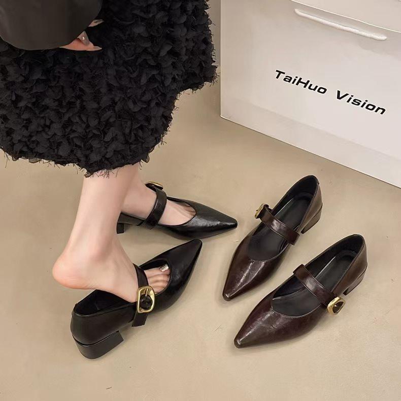 New Soft Leather French Soft Sole Temperament Low Heel Mary Jane Women'S Shoes Pointed Tip Single Shoes Women'S Thick Heel
