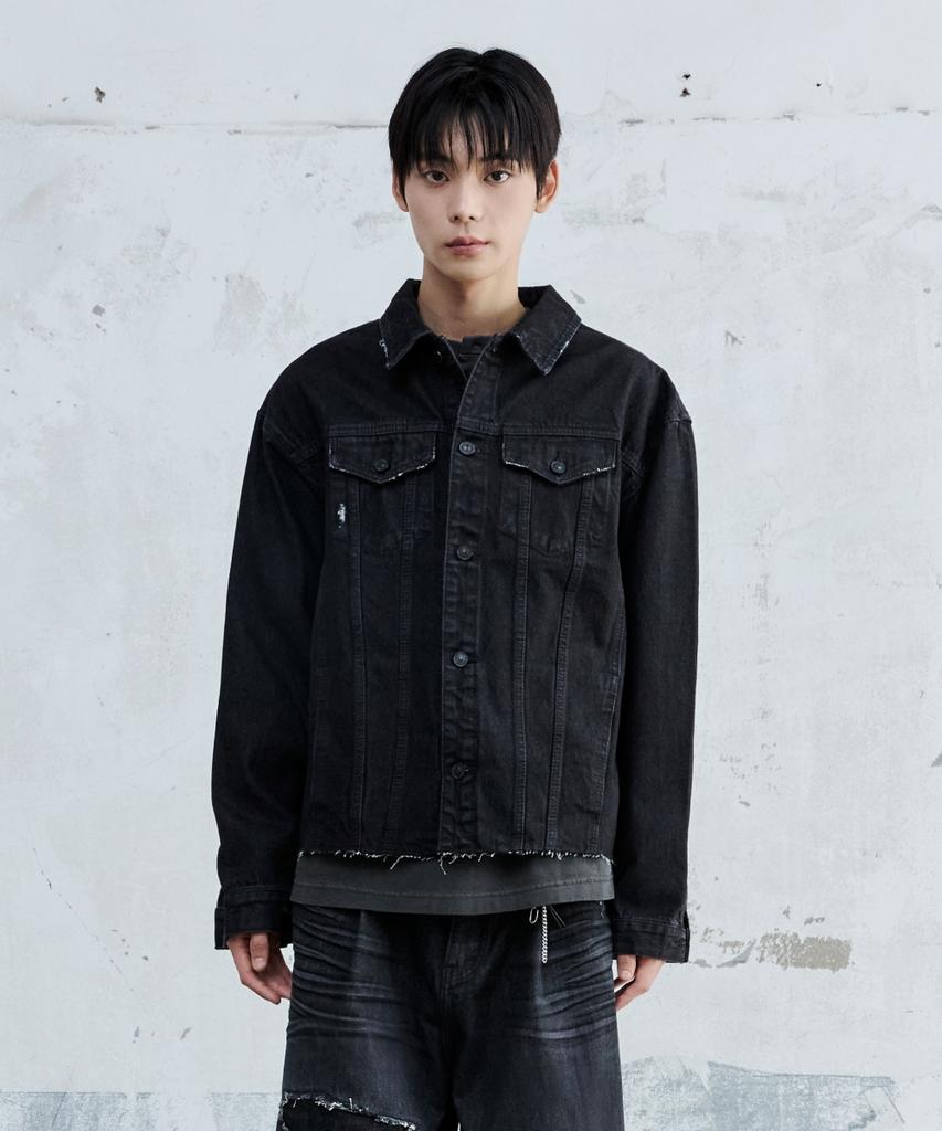 Maison Mined Cut Out Denim Trucker Jacket Black