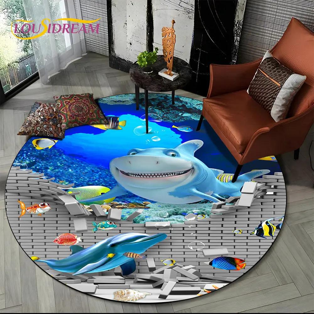 3D Seabed Illusion Underwater World Dolphin Round Area Rug,Carpet for Living Room Bedroom Sofa Playroom Decor,Non-slip Floor Mat