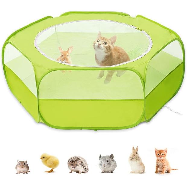 Small Animal Playpen with Cover, Portable Pop Up Pet Enclosure for Rabbits, Guinea Pigs, Hamsters, Chinchillas, Ferrets & Kittens, Indoor Outdoor
