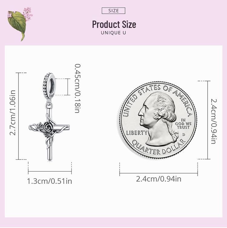 S925 Sterling Silver Rose Cross Pendant Bracelet with European & American Style Flower Beads