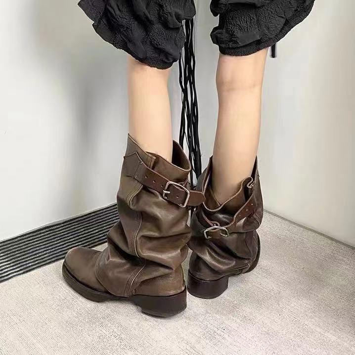 

Новые осенне-зимние коричневые старые ботфорты на толстом каблуке и толстой подошве, эластичные ботинки из мягкой кожи, ботфорты средней высоты, ботинки с пряжкой 40 коричневый