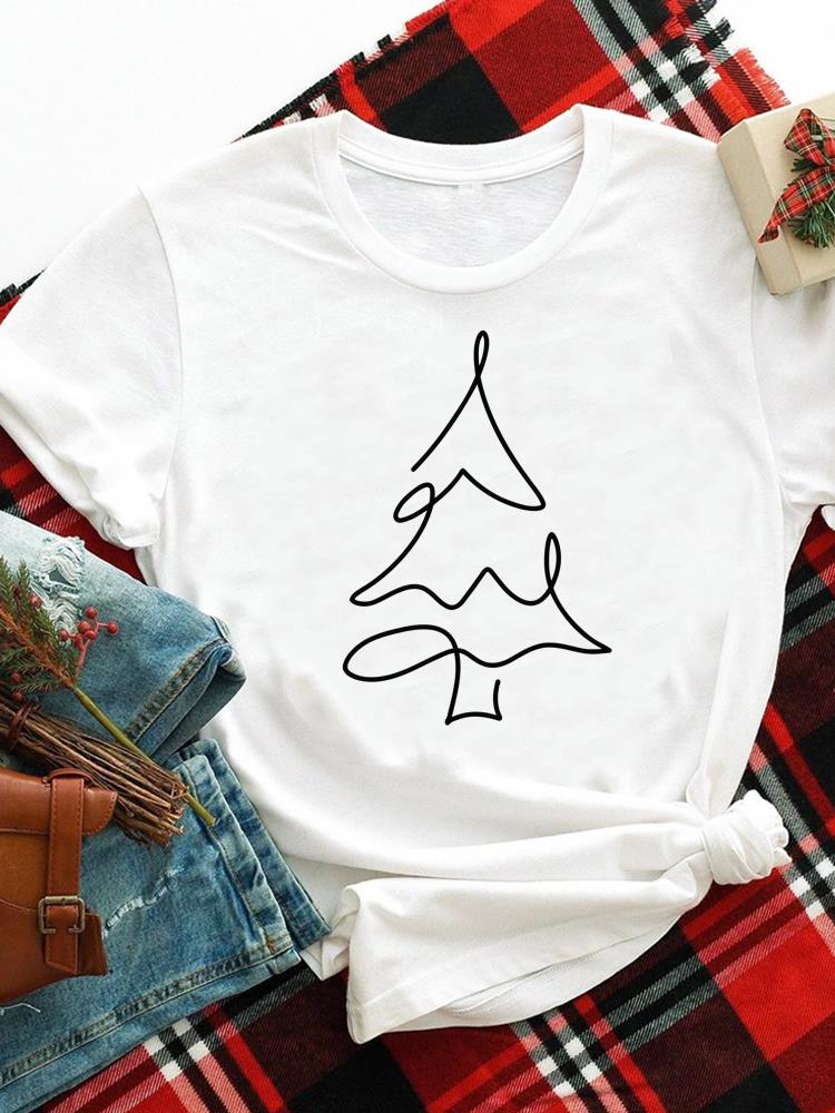 (Asian Size) merry Christmas new year o-neck Women's Top T Clothing Print bow style trend Short Sleeve T-shirts Fashion holiday Graphic Tee